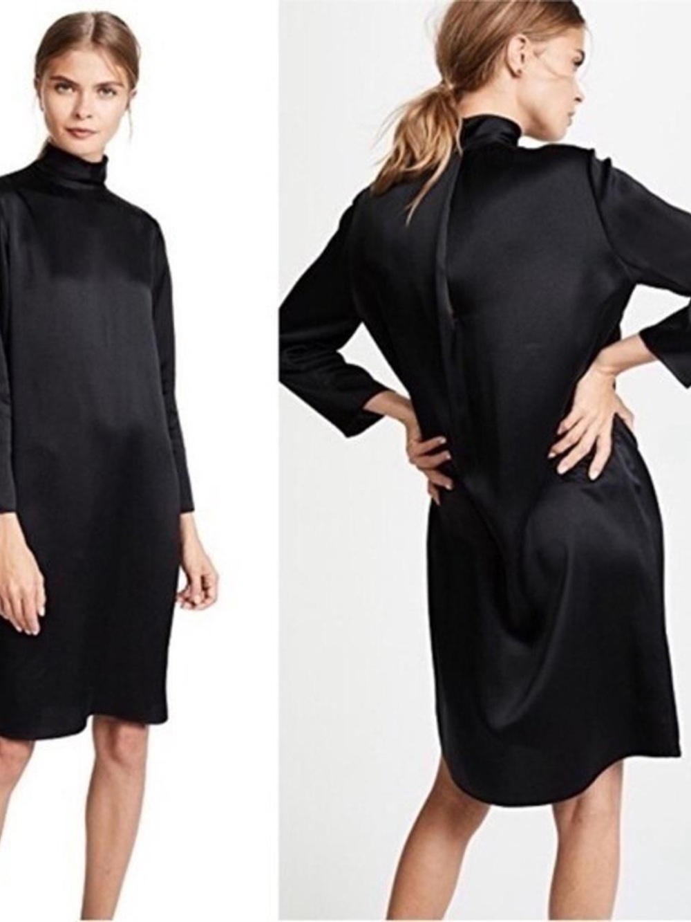 Vince Dress S Silk Satin Mock Neck Black 3/4 Sleeve Shift Mini Dress Minimalist